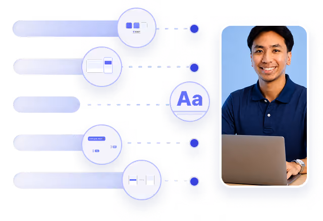 Smiling woman working on laptop beside four connected icons representing speed, payment, database, and analytics.