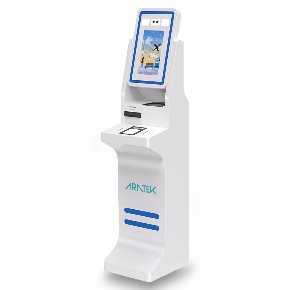 Aratek biometric self-service kiosk machine with automatic height-adjusting camera to capture ICO-compliant face biometrics