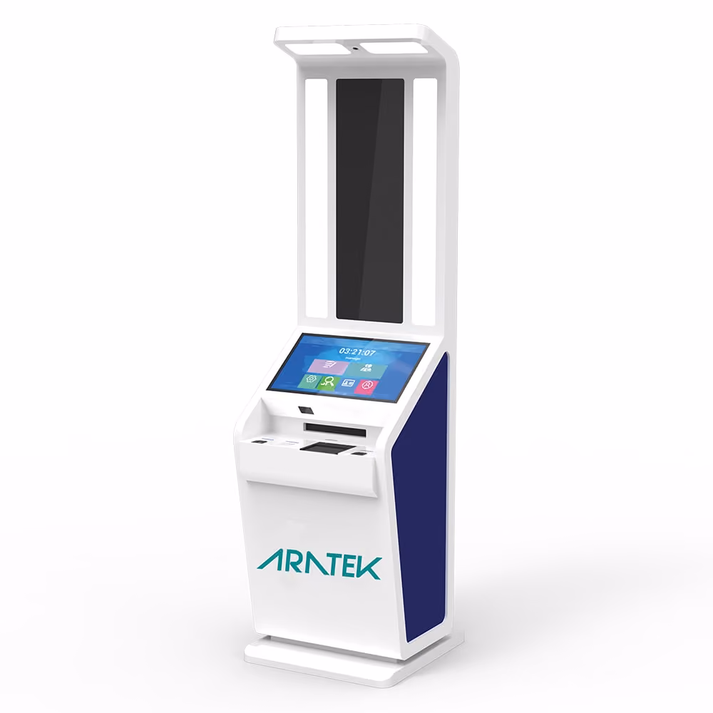 Aratek biometric self-service kiosk machine with documents scanner, face camera and FBI certified fingerprint sensor