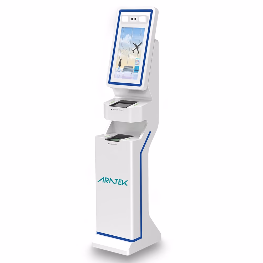 Aratek biometric self-service kiosk machine with large touch screen for better traveler enrollment and verification
