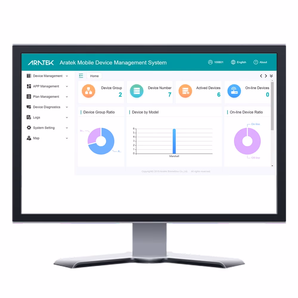 The dashboard of Aratek DMS, the remote mobile device management system for Aratek mobile handheld devices