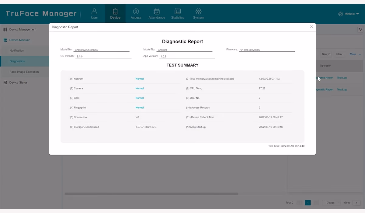 Device diagnostic in Aratek TruFace manager access control platform