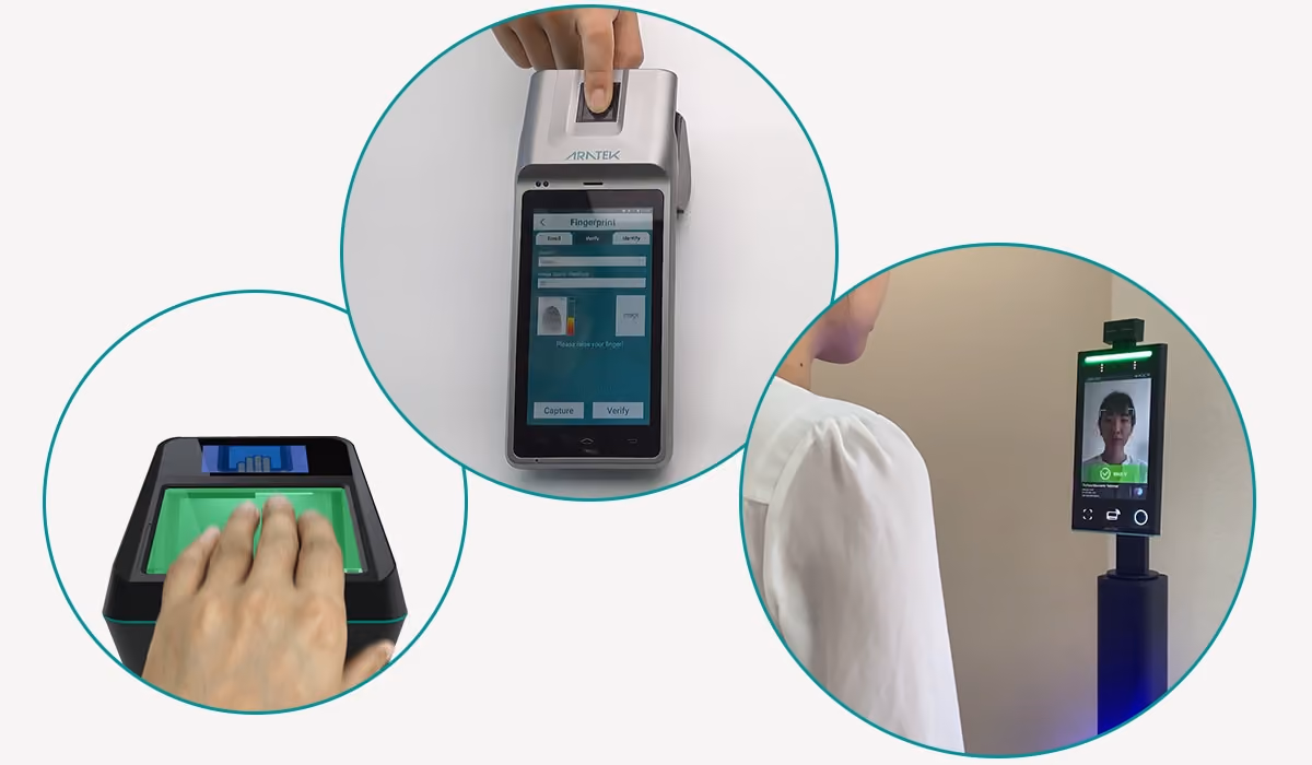 Different types of biometric devices include fingerprint scanner, mobile ID terminal, and facial recognition terminal.