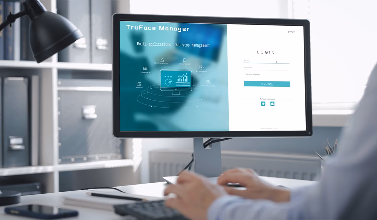 A woman is using the Aratek TruFace access control management platform