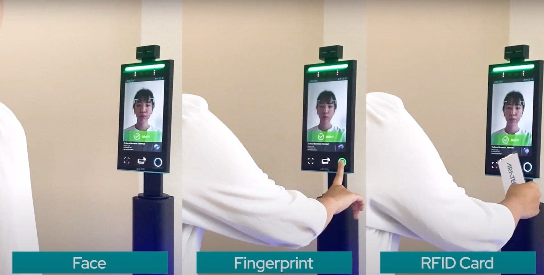 Aratek BA8300, a multi-factor facial recognition terminal showing facial recognition, fingerprint recognition, and RFID card scanning authentication methods