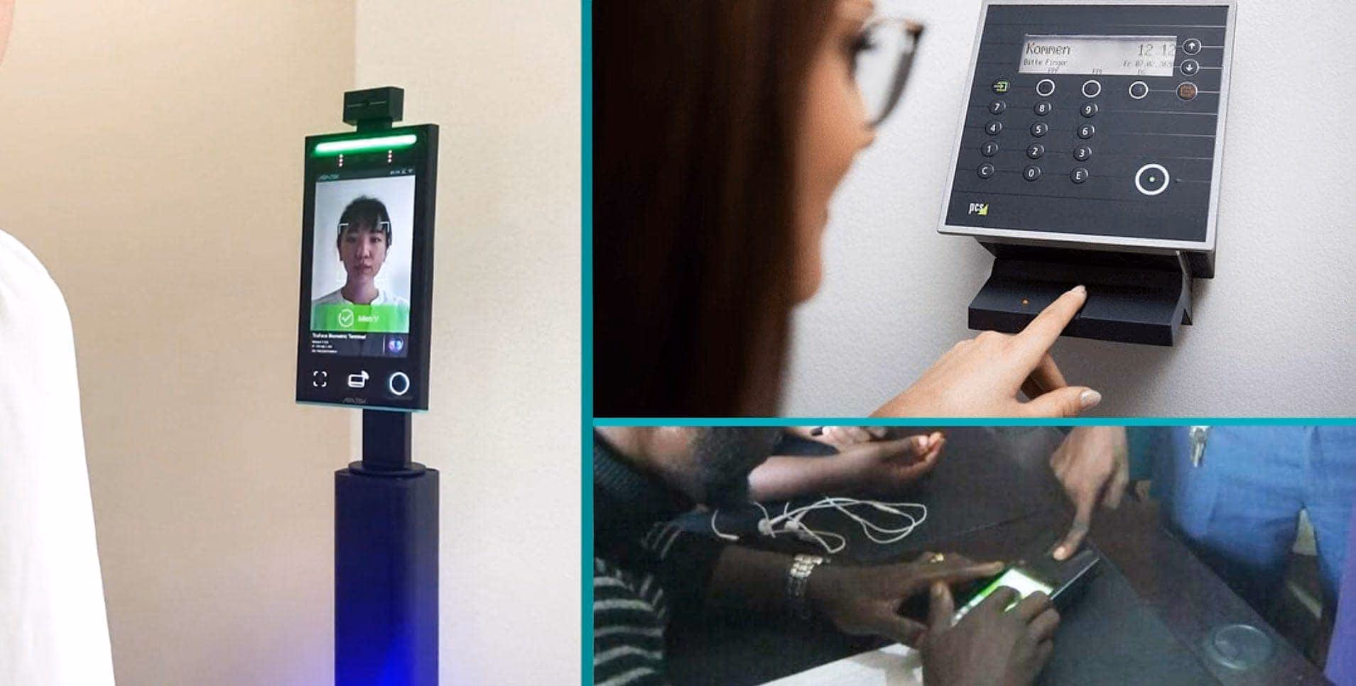 Examples of different types of biometric attendance devices include a facial recognition terminal, a fingerprint time clock, and a mobile ID device.