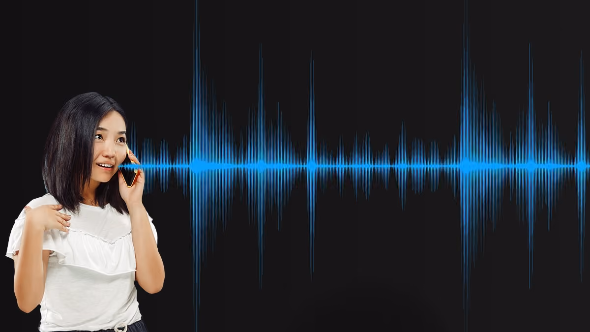 A woman is talking on the phone for voice recognition