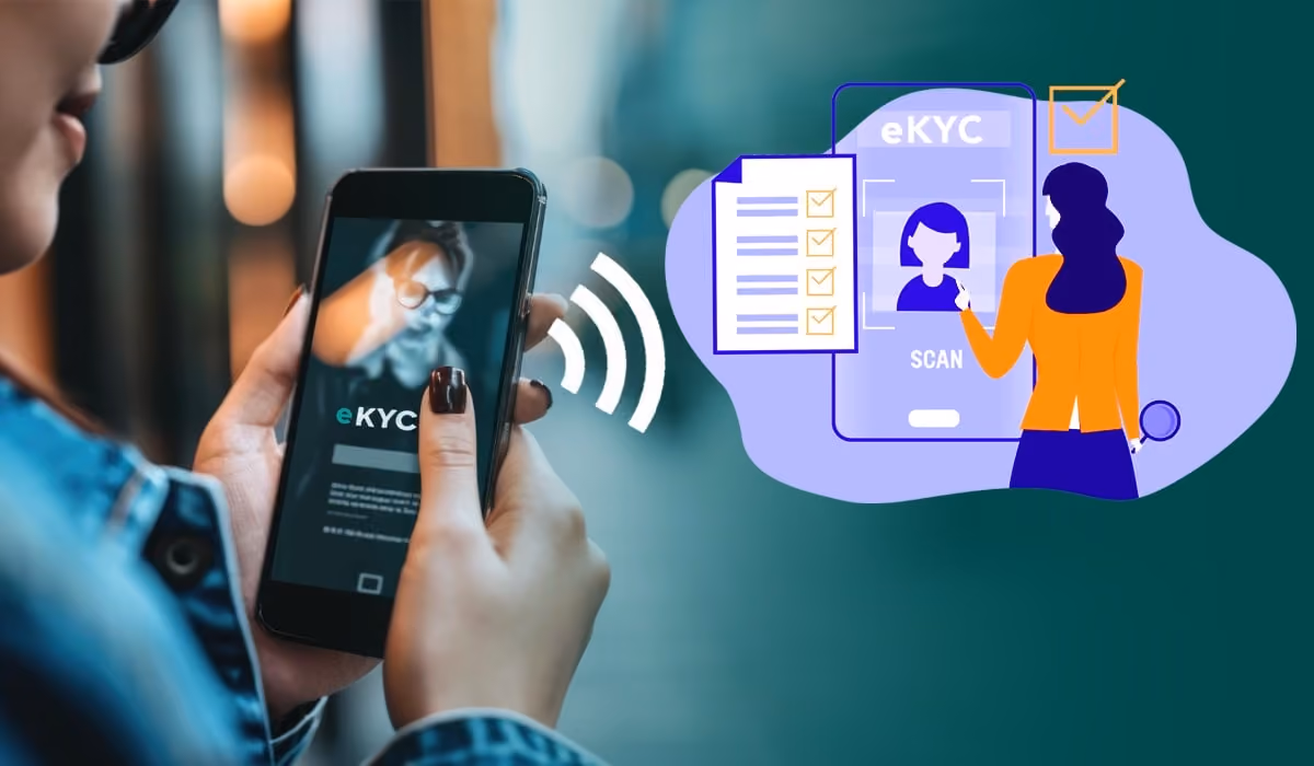 A woman scans her face with her phone to verify her identity using an eKYC app.