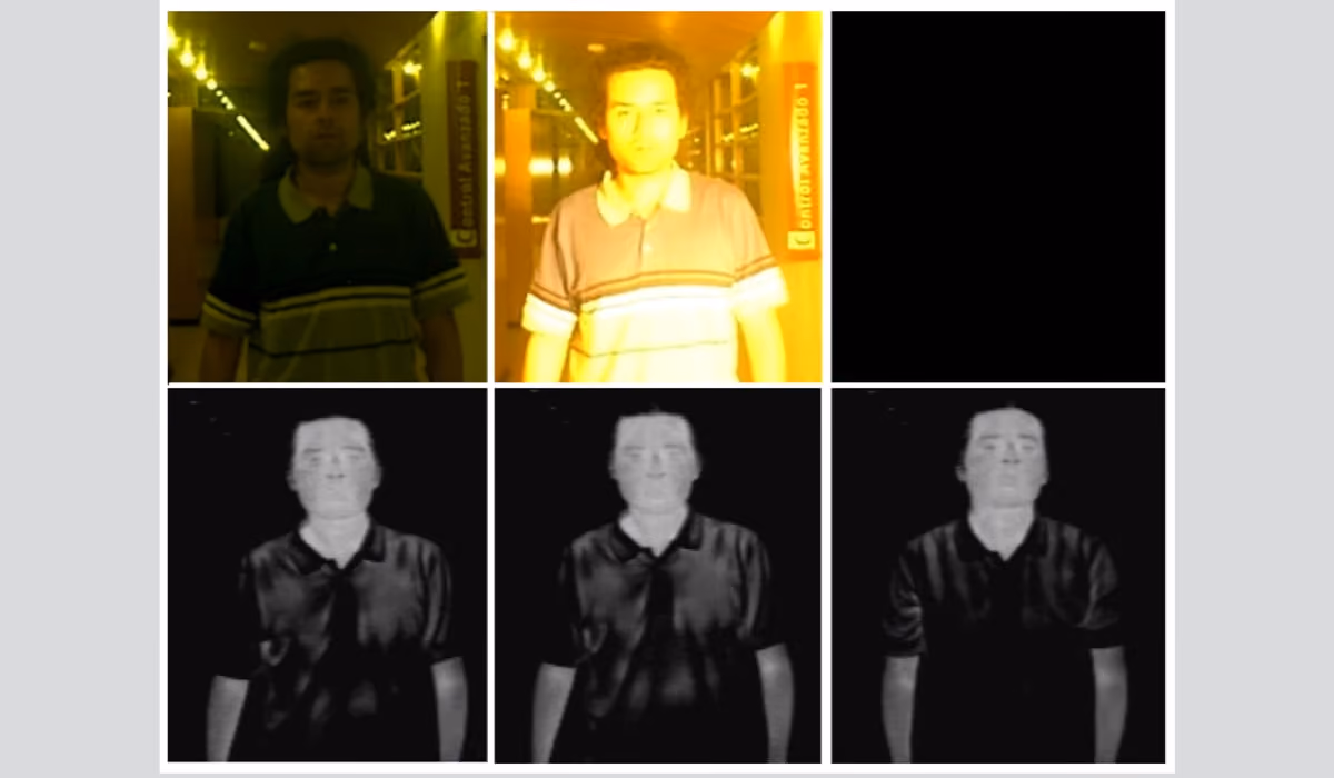 Images of a subject taken in various lighting conditions, using both visible light and thermal imaging cameras.