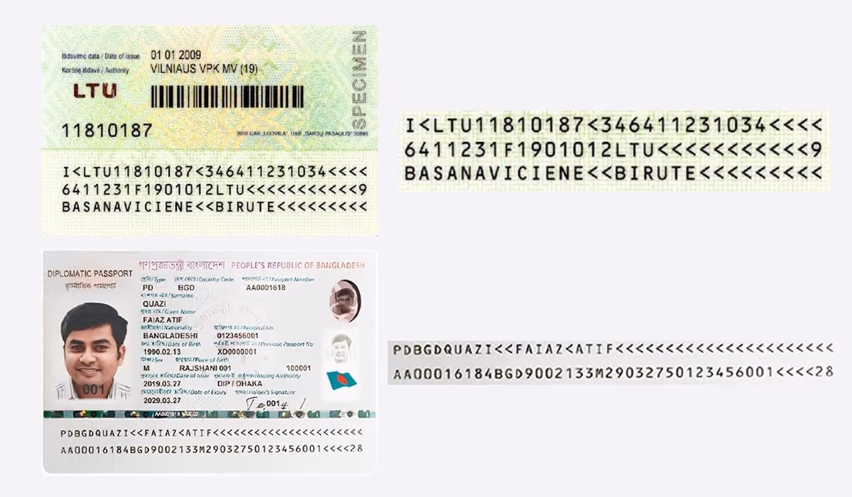Examples of MRZ and MRZ code with an ID Card on Top and a Bangladesh ePassport on the Bottom