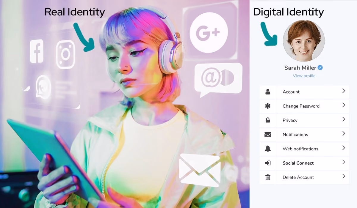 Showing the difference between real identity and digital identity by a short-haired woman, left side is the real woman with a tablet, right side is the woman's online account named Sarah Miller.