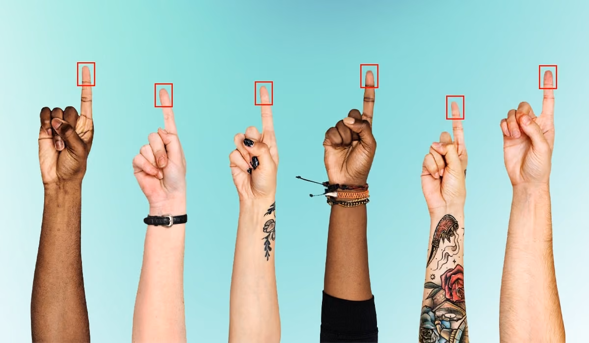 6 hands rise in the air with scan frams on fingers to show no two fingerprints are exactly alikeno two fingerprint are exactly alike