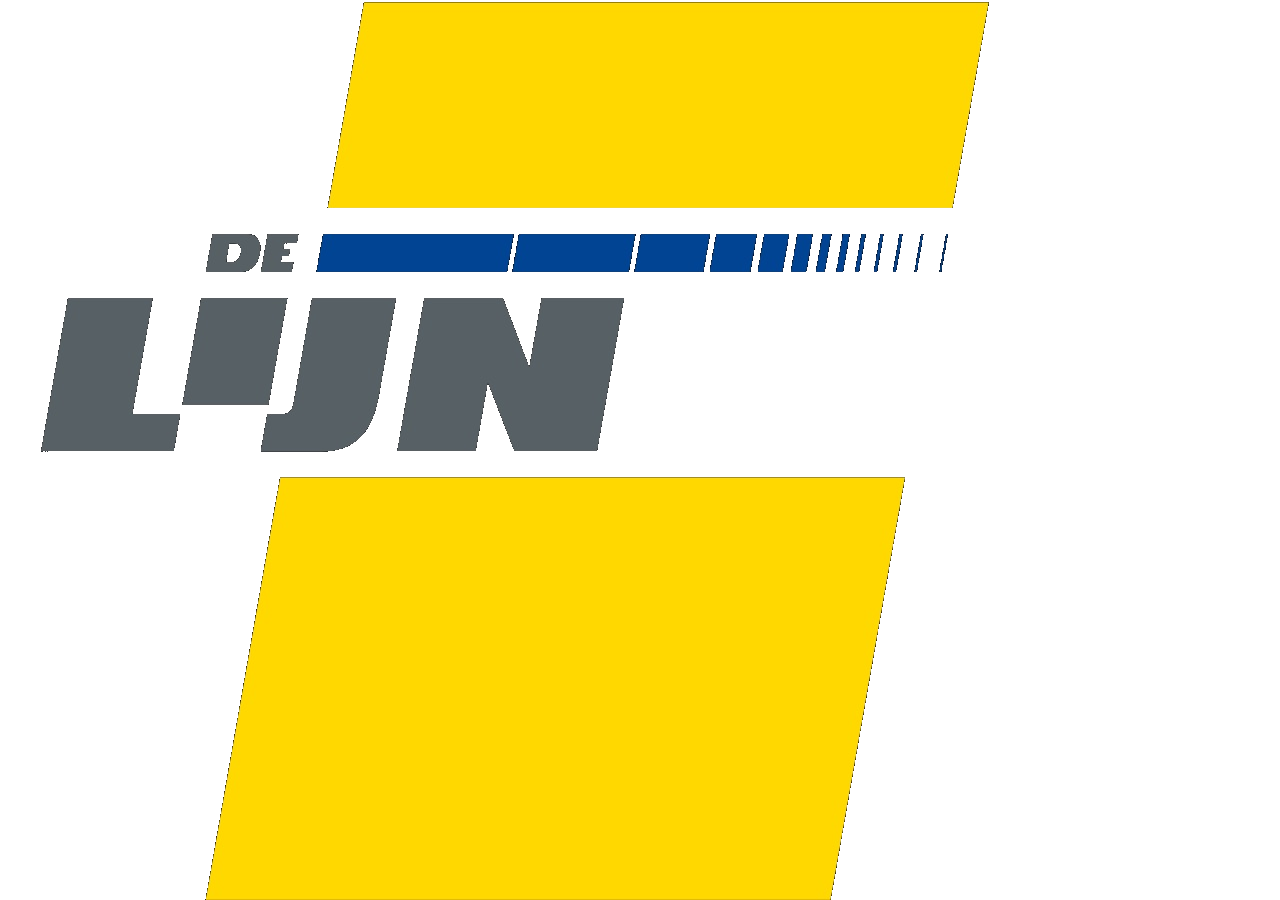 Logo with the text 'DE LIJN' in gray and blue lines extending to the right on a black background with two large yellow diagonal bars.
