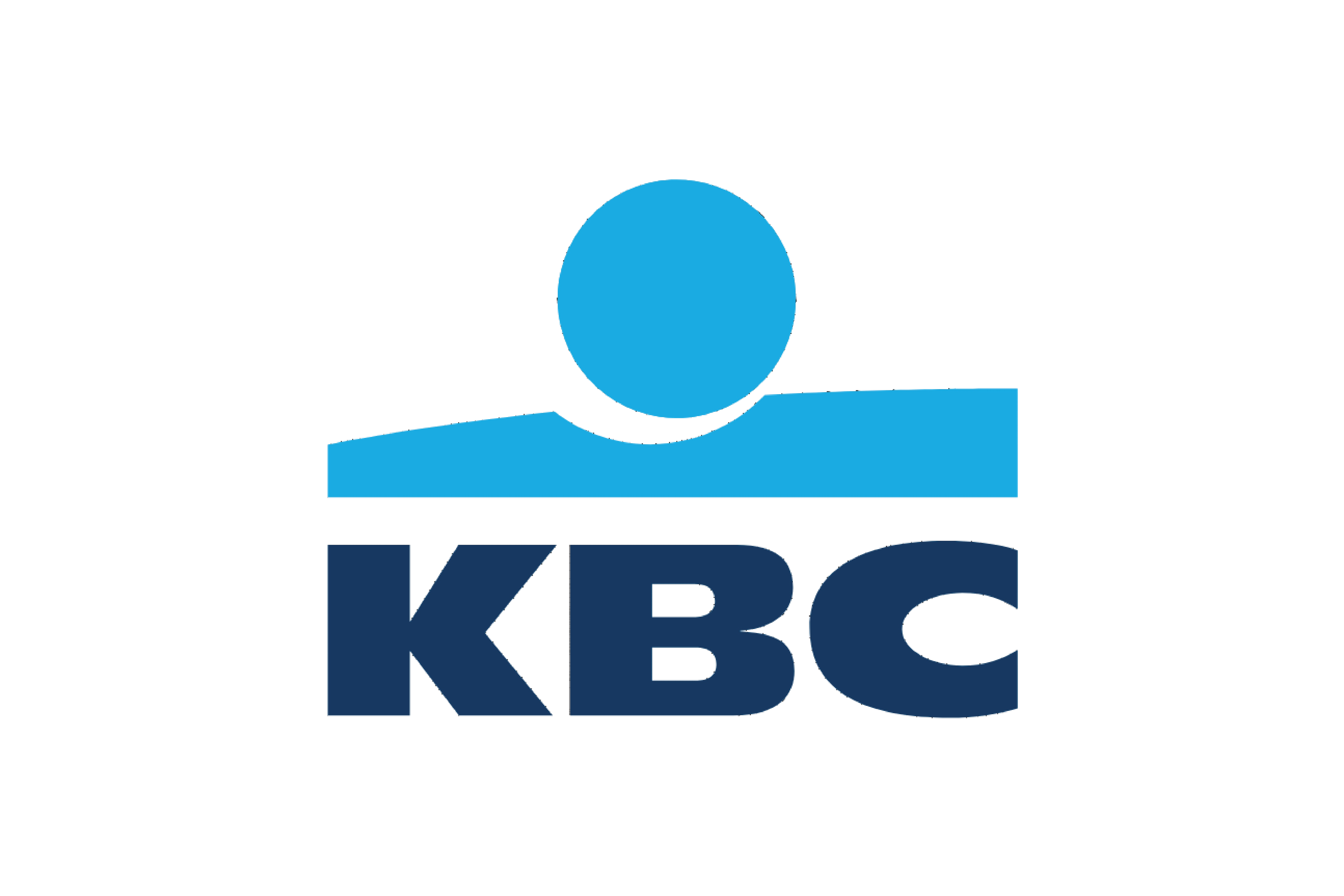 Blue KBC logo with a circle above a wide arch, above dark blue letters KBC.