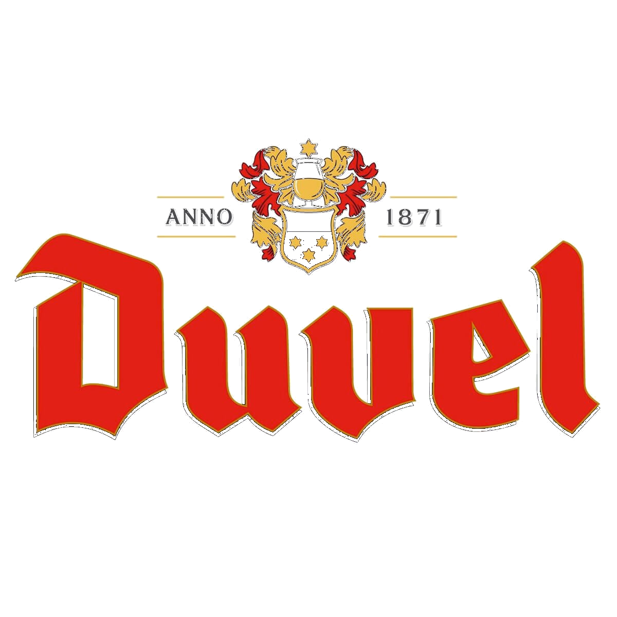 Duvel beer logo with red Gothic text, a decorative crest featuring a chalice and stars, and the year 1871.