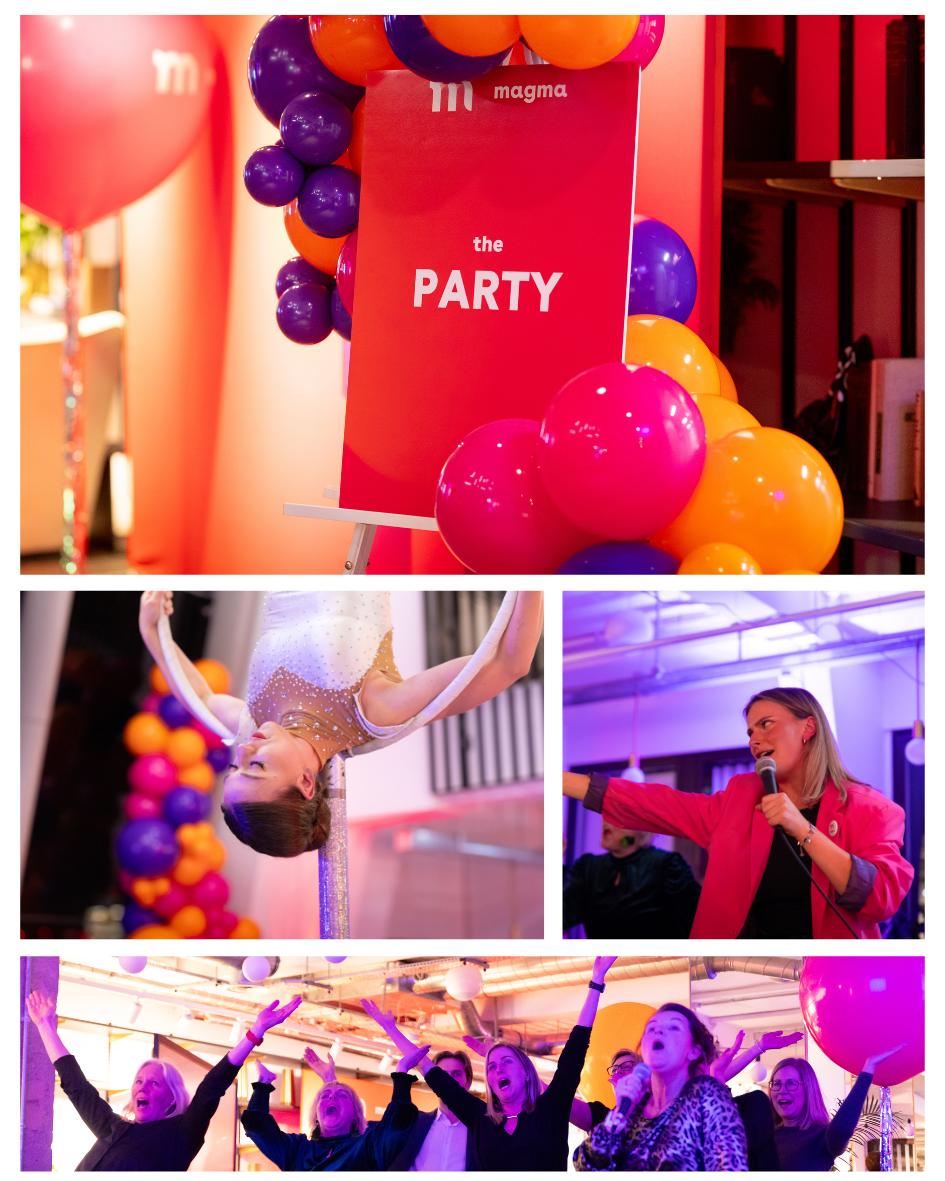 colourful balloons, acrobat and happy women singing karaoke