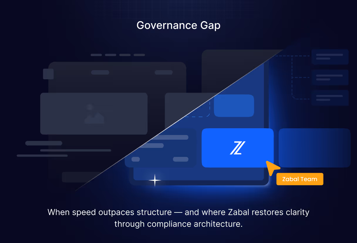 Split-screen visualization showing cluttered overlapping browser windows on one side and a clean modular CMS layout on the other, representing the governance gap between agility and accountability.