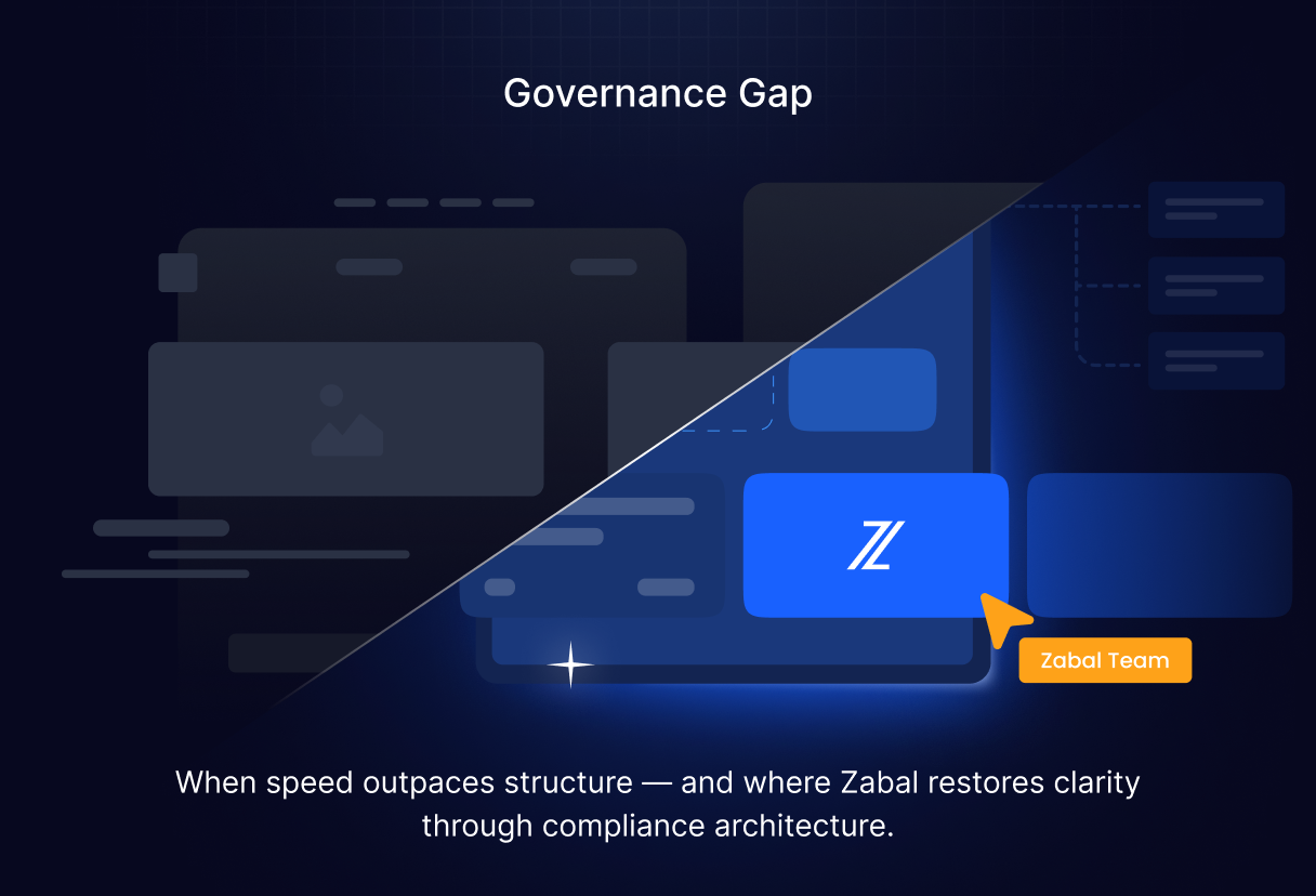 Split-screen visualization showing cluttered overlapping browser windows on one side and a clean modular CMS layout on the other, representing the governance gap between agility and accountability.