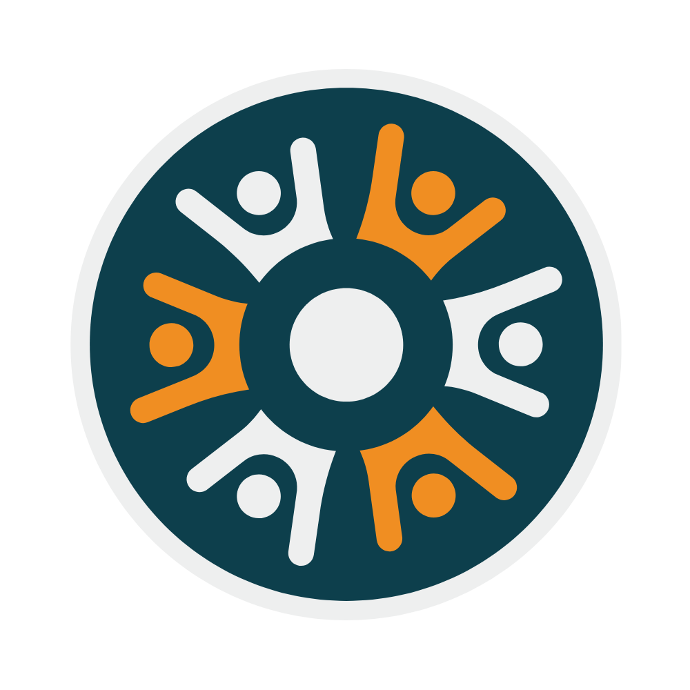 Circular logo with stylized human figures in orange and white