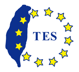 Taiwan outline in blue with yellow EU stars surrounding the text TES