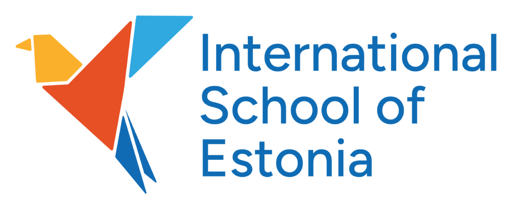 Geometric bird logo for International School of Estonia in blue, orange