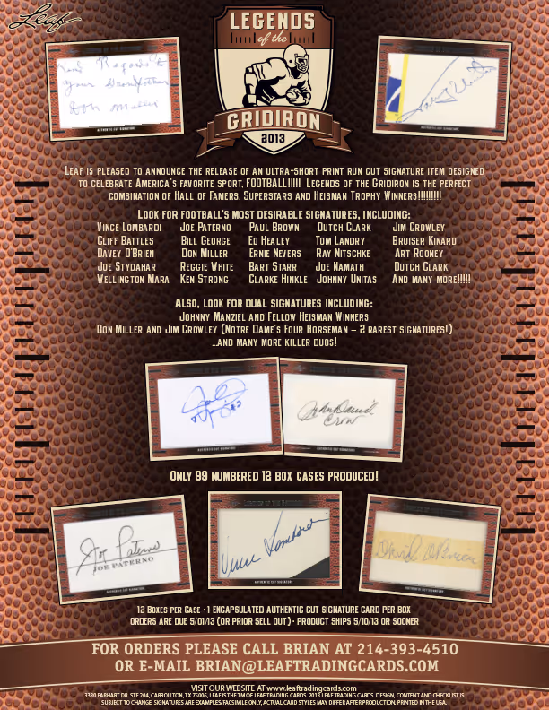 2013 Leaf Legends of the Gridiron Cut Signature Edition