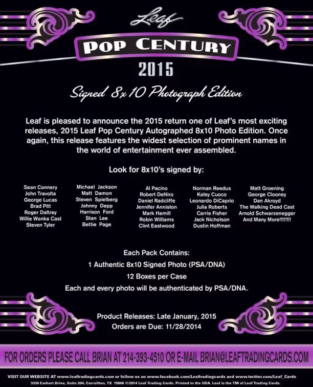 2015 Leaf Pop Century Signed 8×10 Photograph Edition