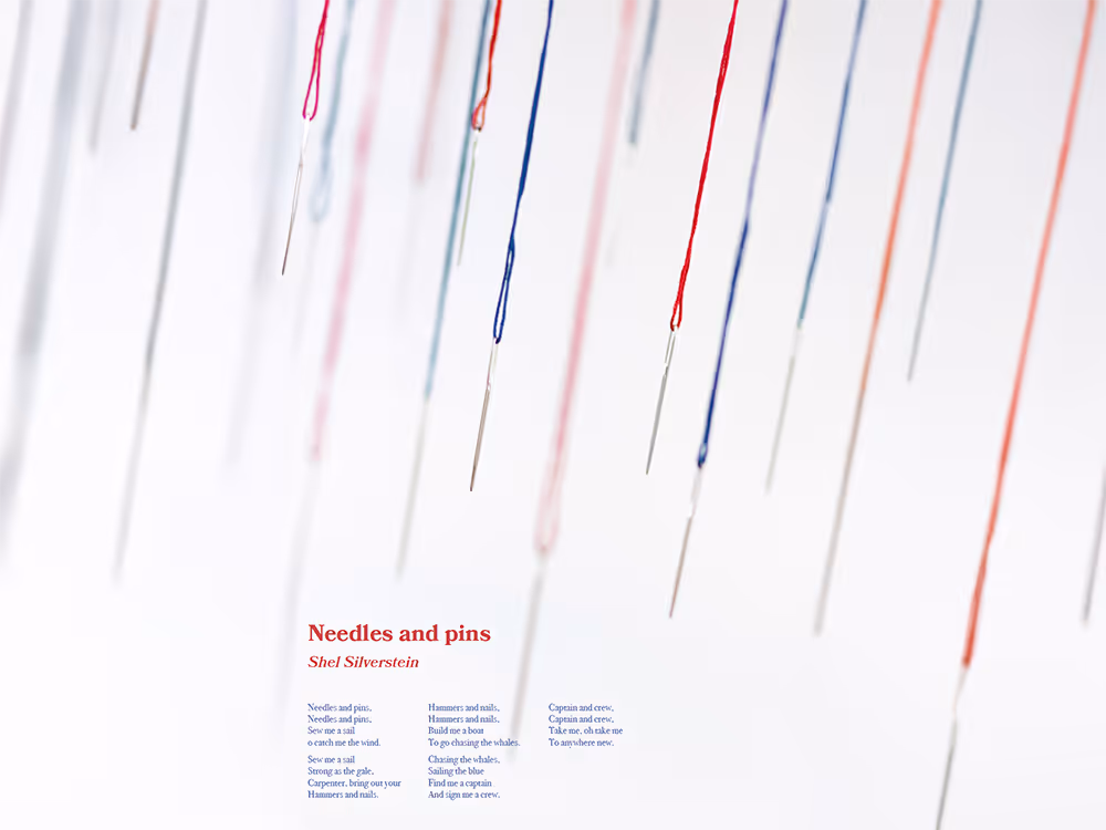 Multiple sewing needles threaded with colorful red, blue, and pink threads hanging vertically against a white background, with a poem titled 'Needles and pins' by Shel Silverstein printed below.