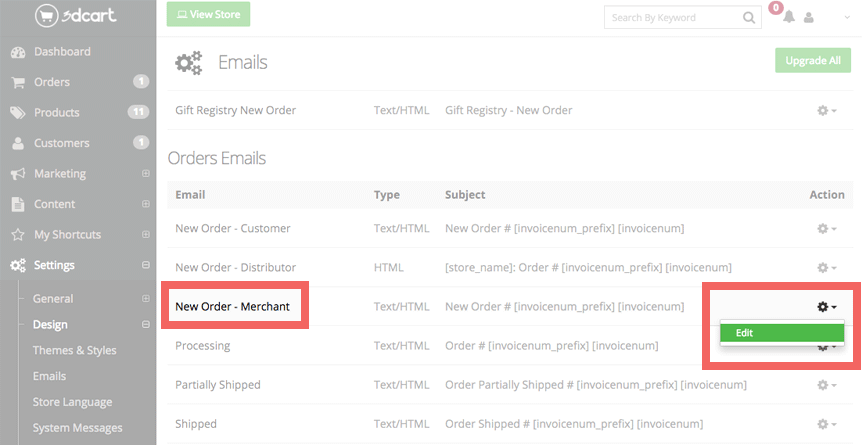 Setup 3dcart emails edit