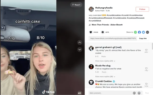 TikTok influencer @thehungryfoodie (Kelsie Flaim) showcasing and rating Crumbl's products