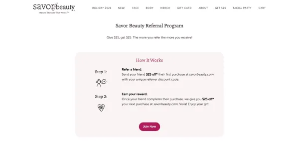 Savor Beauty webpage explaining how referrals work