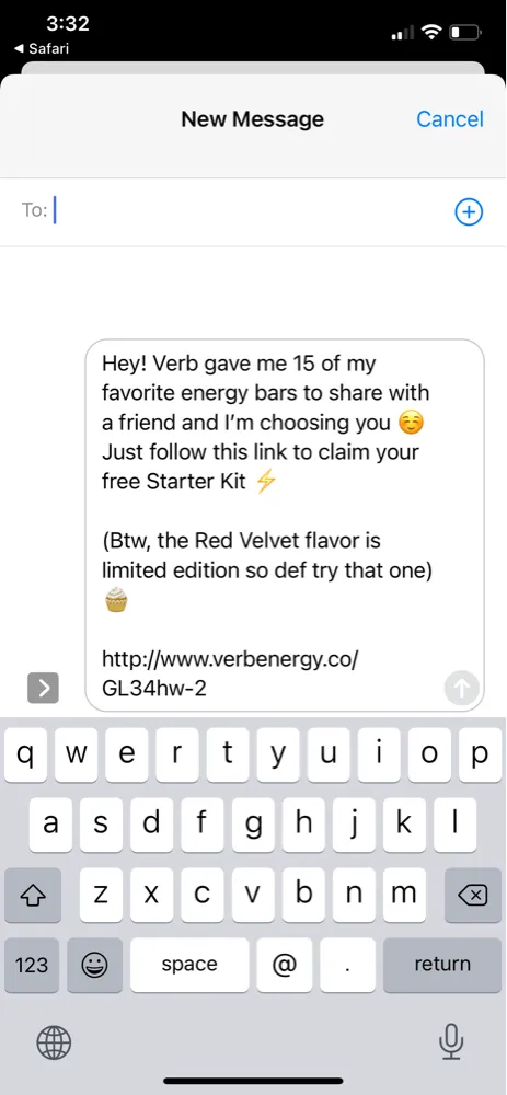 SMS from Verb Energy on sharing a starter kit