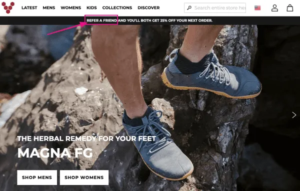 vivo-barefoot-hello-bar-announcement-banner-showcase-website-promote-referral-program