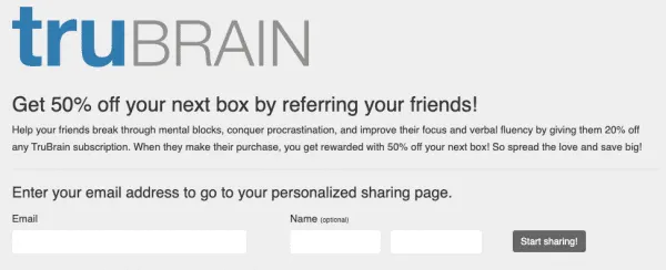 trubrain referral nutrition health supplements shopify referral examples referralcandy