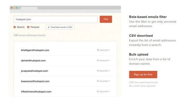 Email Hunter sample search