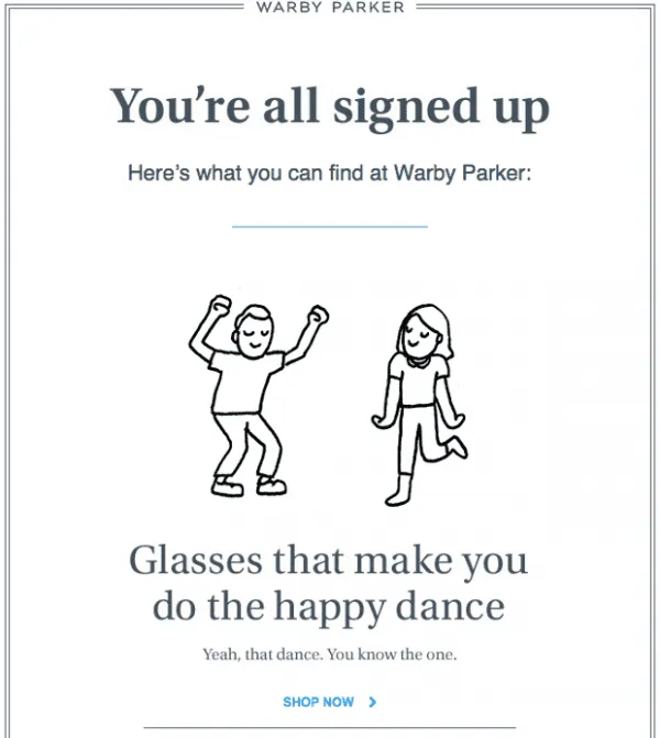 improve email deliverability ecommerce - warby parker welcome email make you smile