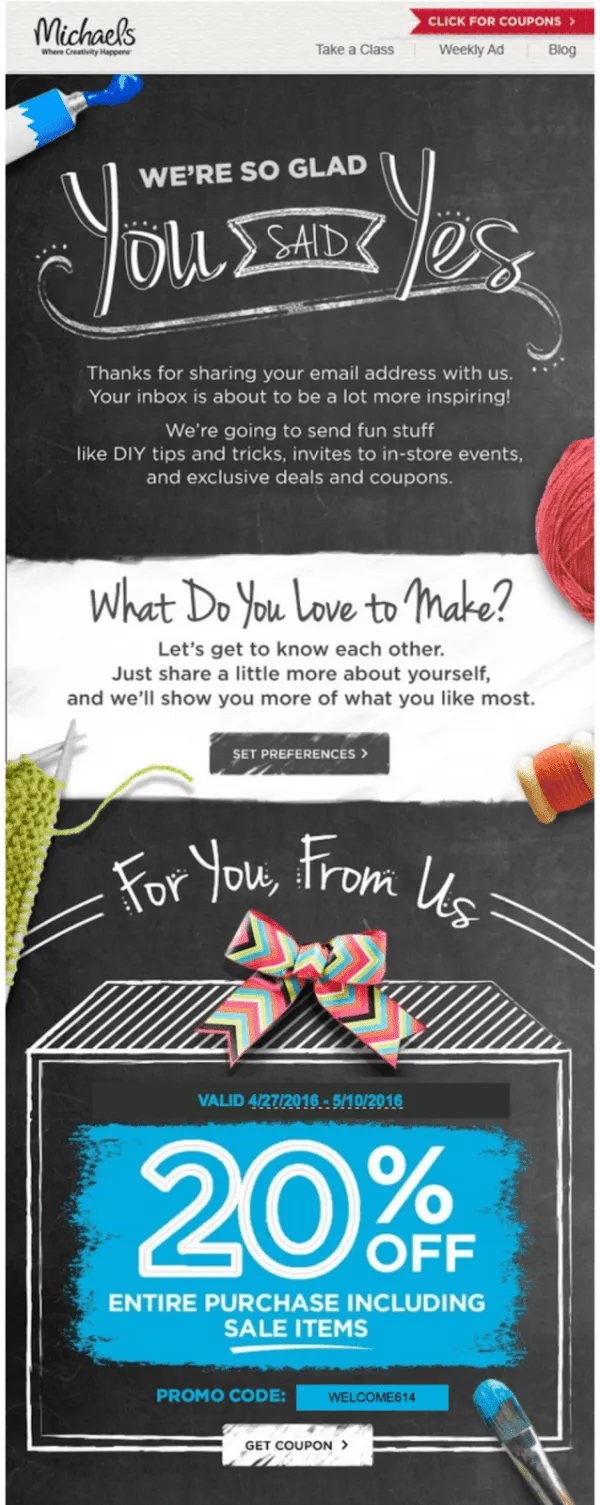 how to write welcome email examples ecommerce - michaels welcome email brand positioning tone personality