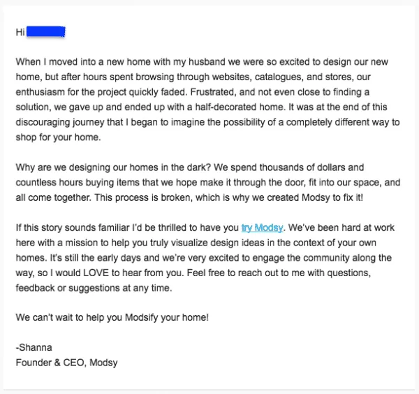how to write welcome email examples ecommerce - modsy welcome email casual tone