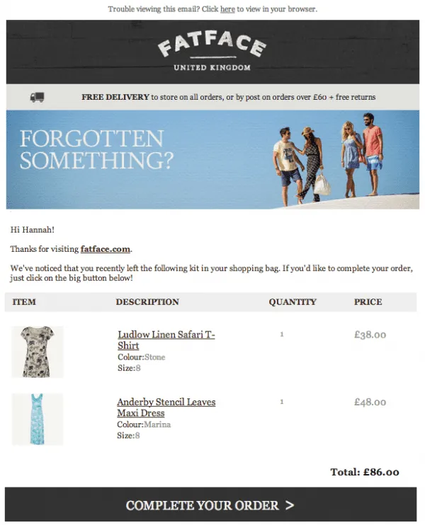 cart abandonment email