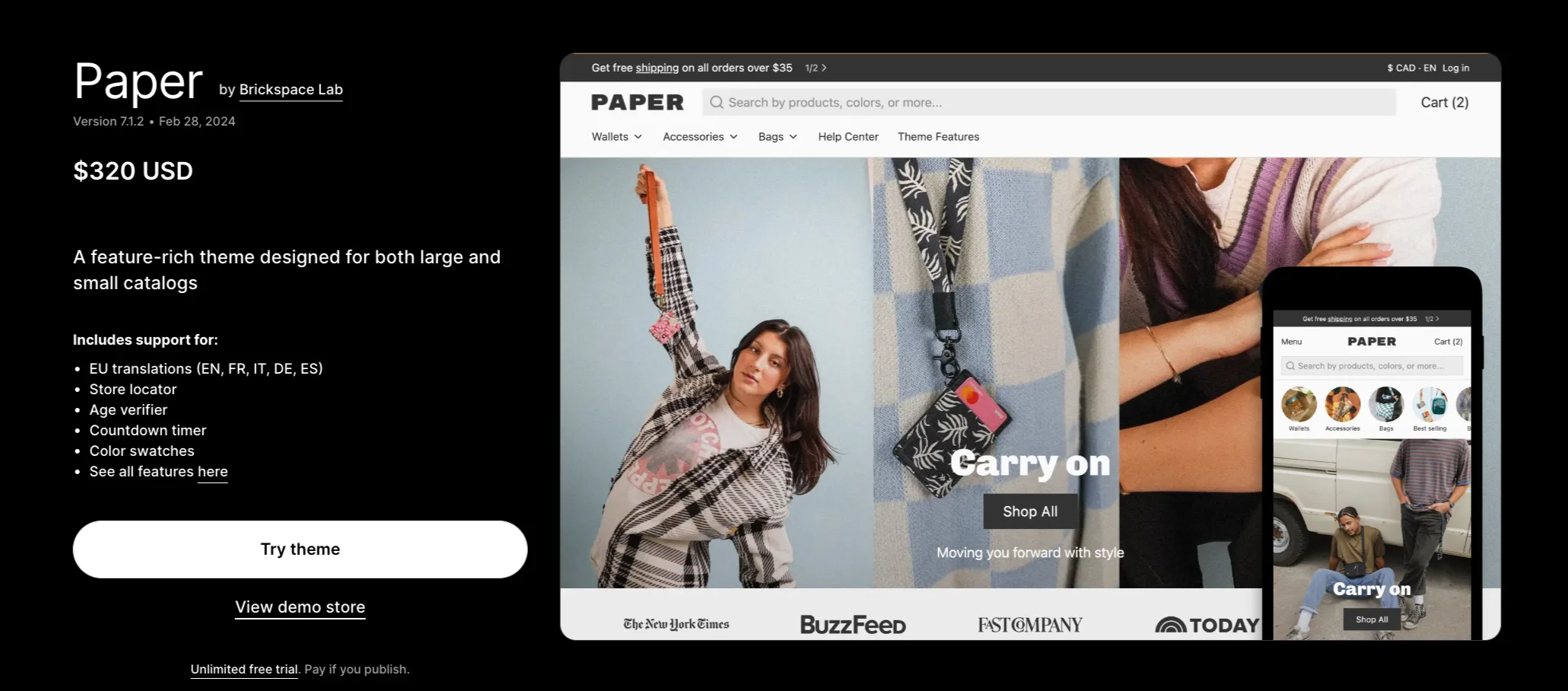 Paper Shopify theme landing page