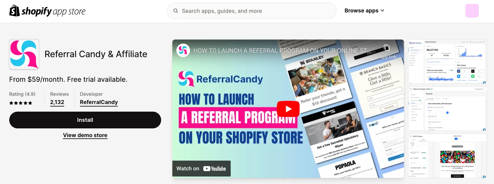 Shopify App store page of ReferralCandy