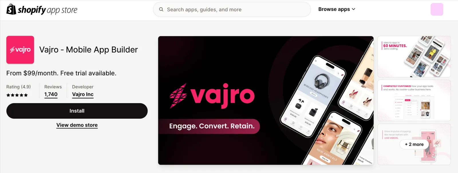 Vajro mobile app builder home page