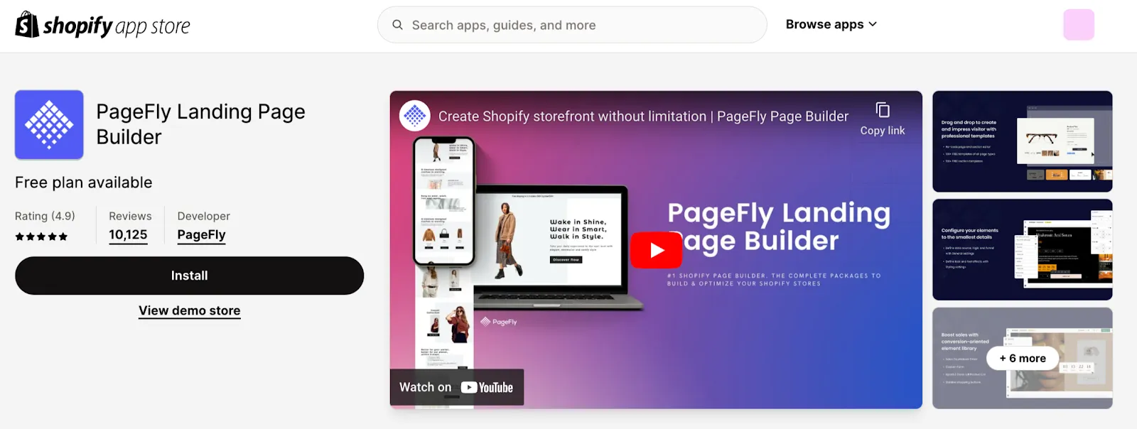 PageFly app within Shopify App store