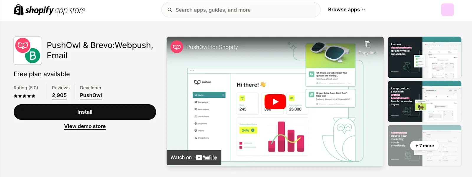 PushOwl app within Shopify App store