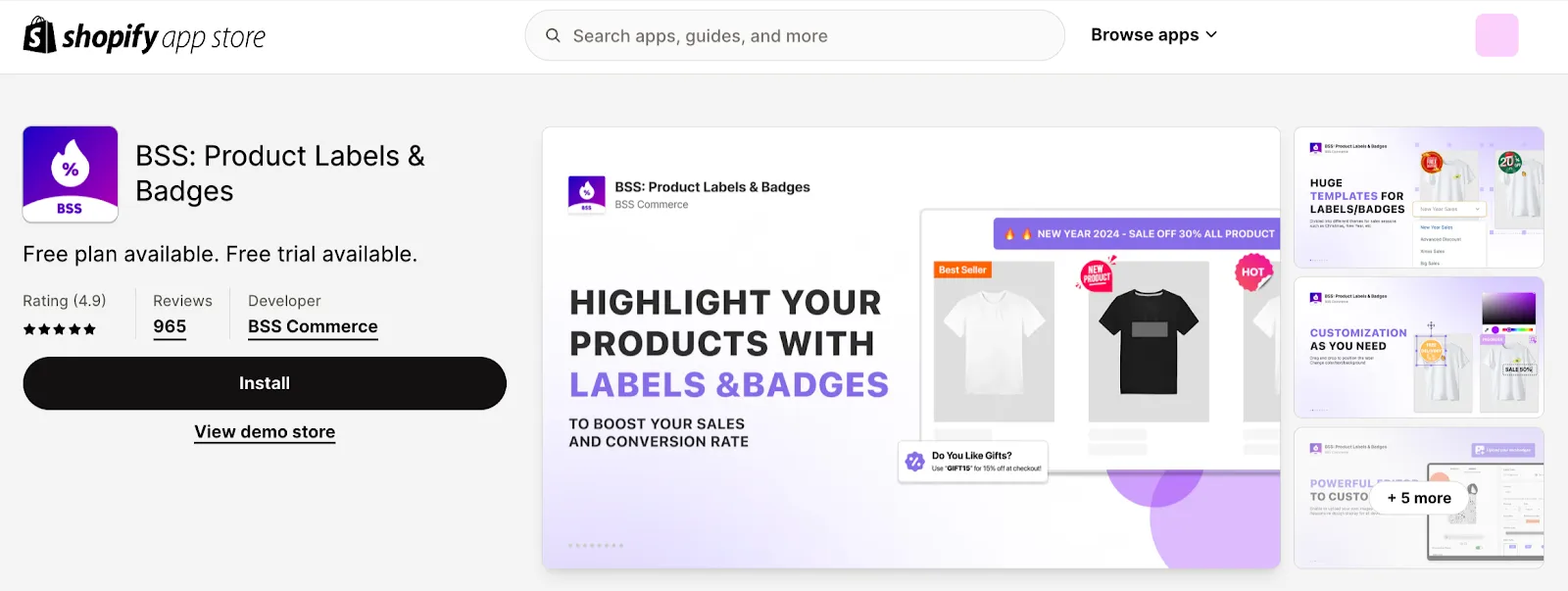 BSS app within Shopify App Store