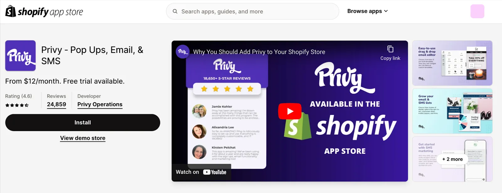 Screenshot of Privy app within Shopify App store