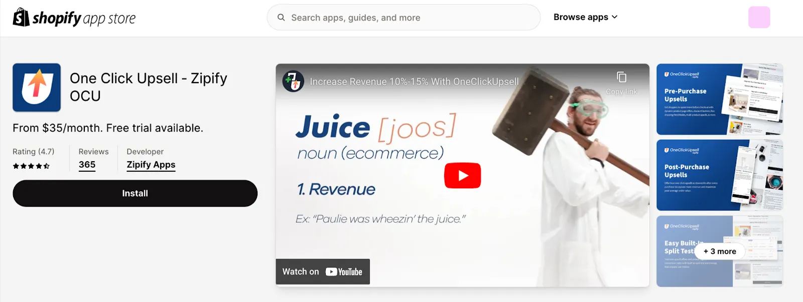 Upsell app called Zipify within Shopify app store