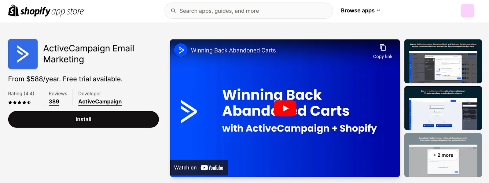 ActiveCampaign app within Shopify App store