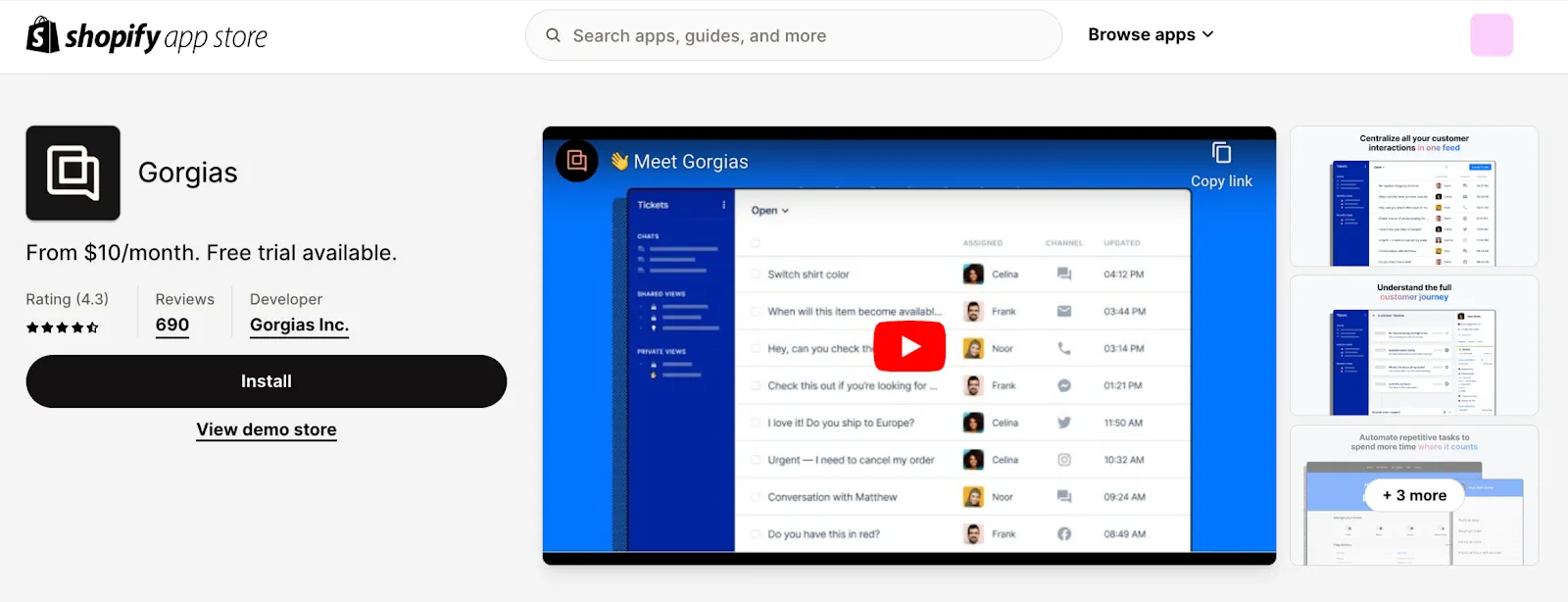 Gorgias app within Shopify app store