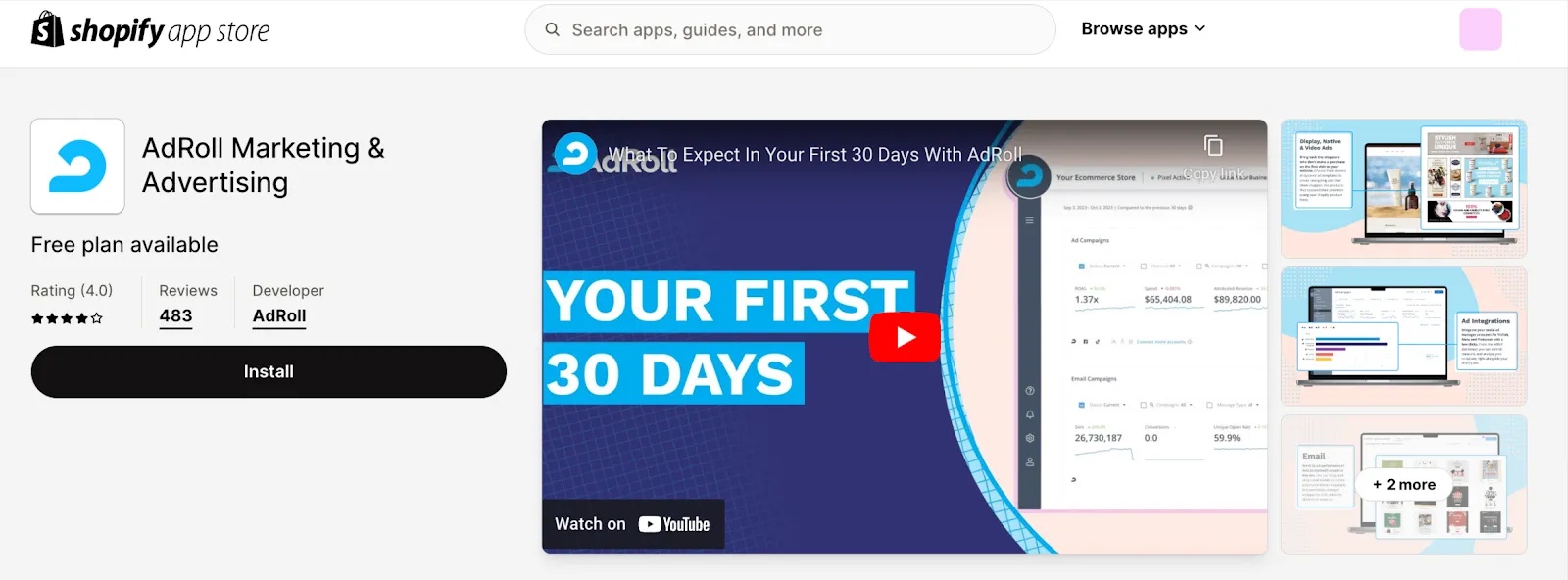 AdRoll app within Shopify App Store